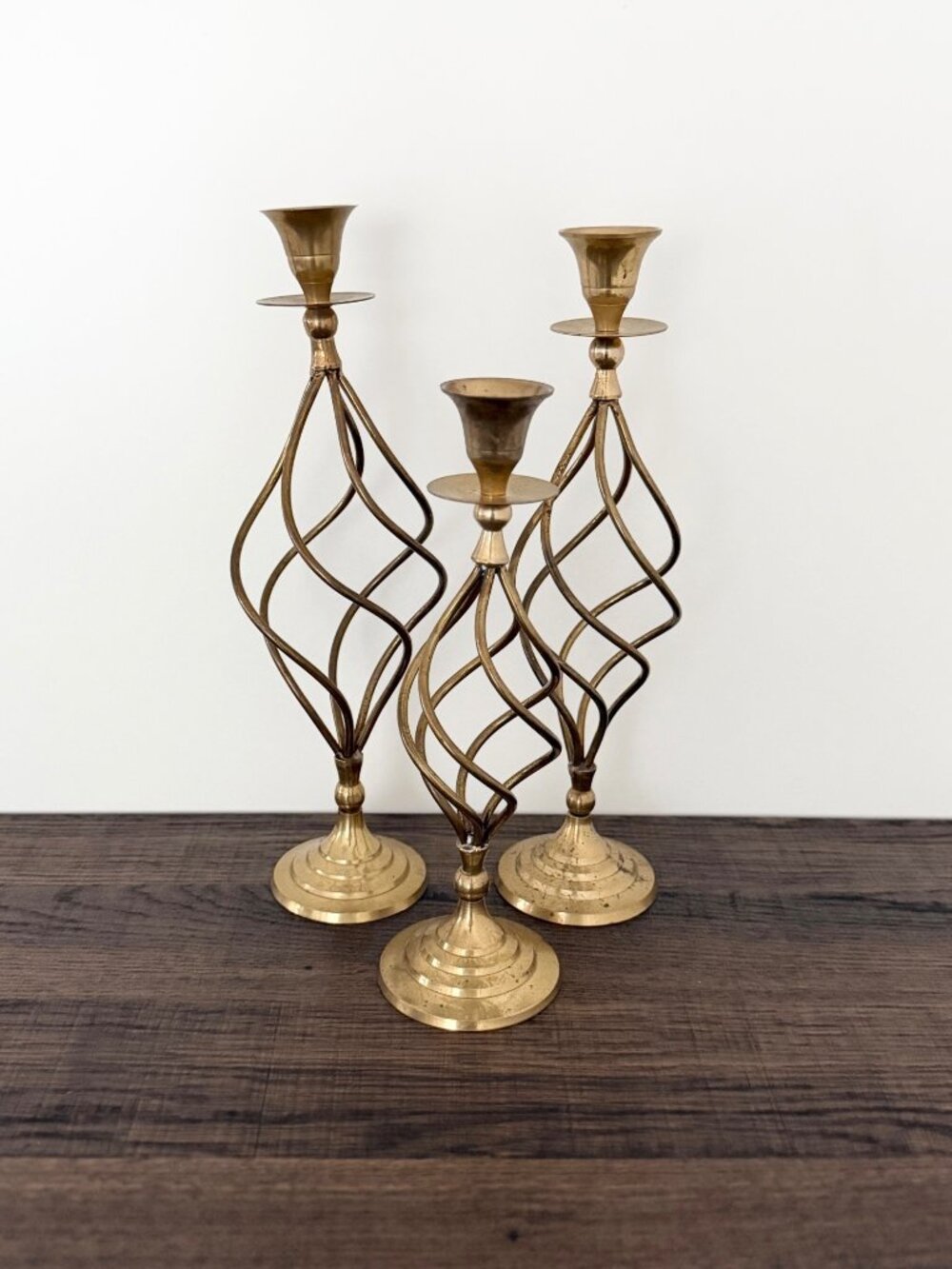 Vtg Brass Set of 3 Spiral‎ Twisted Taper Candle Holders Hollywood Regency Boho